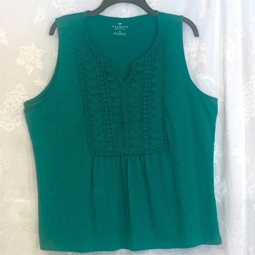 Talbots 2XP Sleeveless Tank Top Green 100% COTTON. Crochet detail on top Preworn - Picture 3 of 13